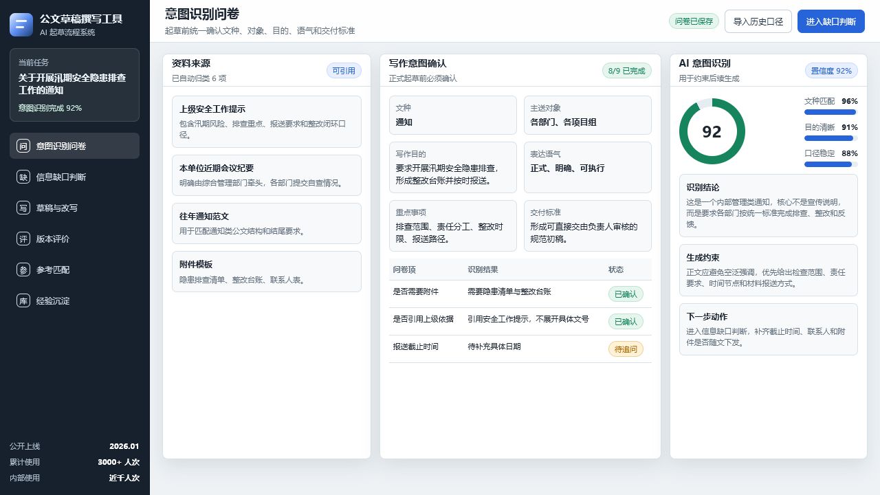 公文草稿撰写工具意图识别界面